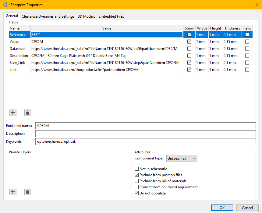 Footprint Properties General